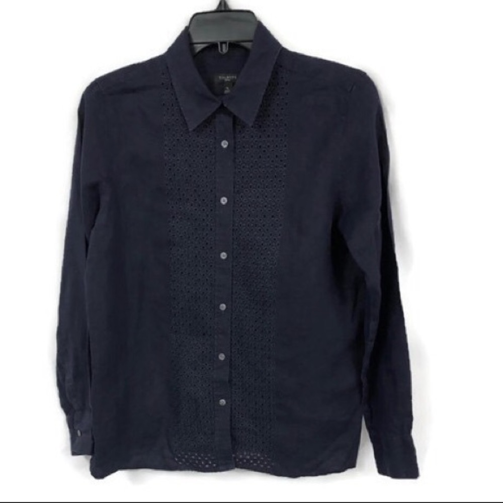 TALBOTS NAVY LINEN EYELET TOP‎ SP